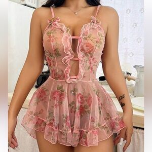 Floral Pink Lace Babydoll Lingerie Large NWOT